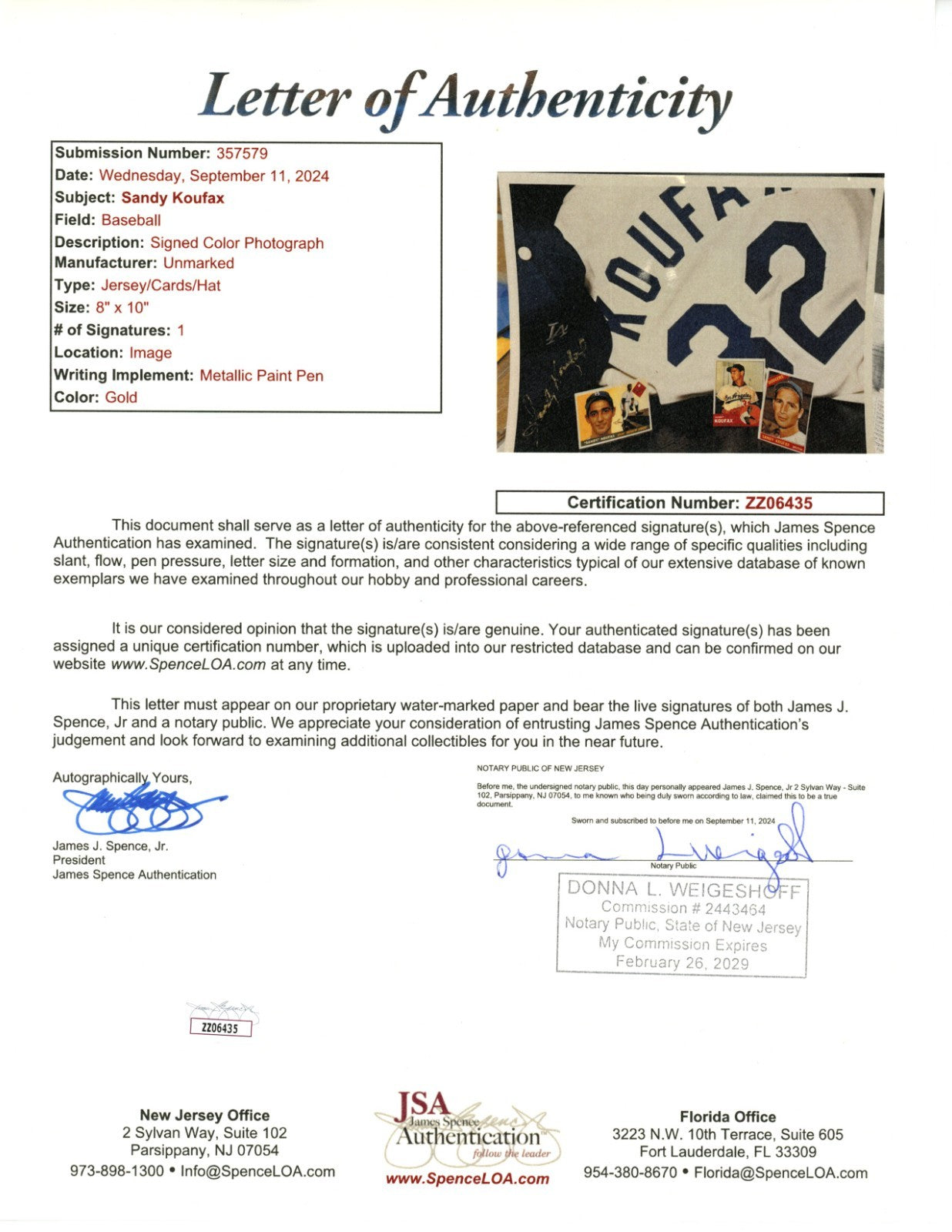 Sandy Koufax Signed 8x10 Photo. JSA Full Letter of Authenticity1
