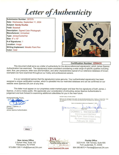 Sandy Koufax Signed 8x10 Photo. JSA Full Letter of Authenticity1