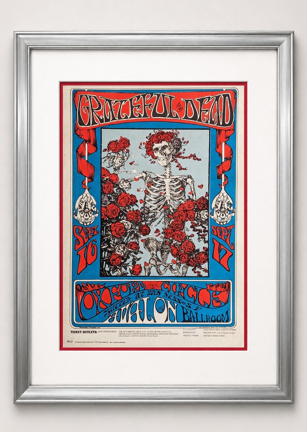 Original Grateful Dead 1966 Skeleton &amp; Roses Concert Poster, 3rd Printing FD-262