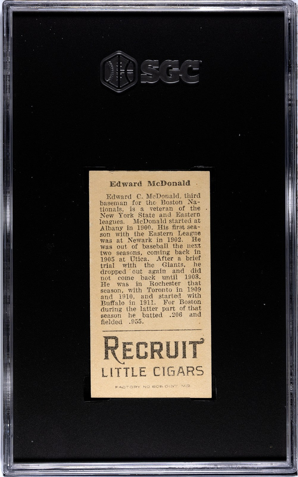 1912 Recruit Little Cigars T207 Edward McDonald SGC Authentic1