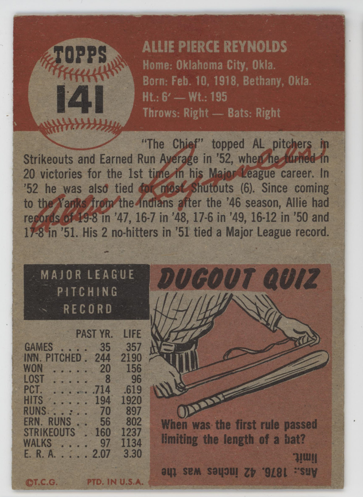 Allie Reynolds 1953 Topps. 