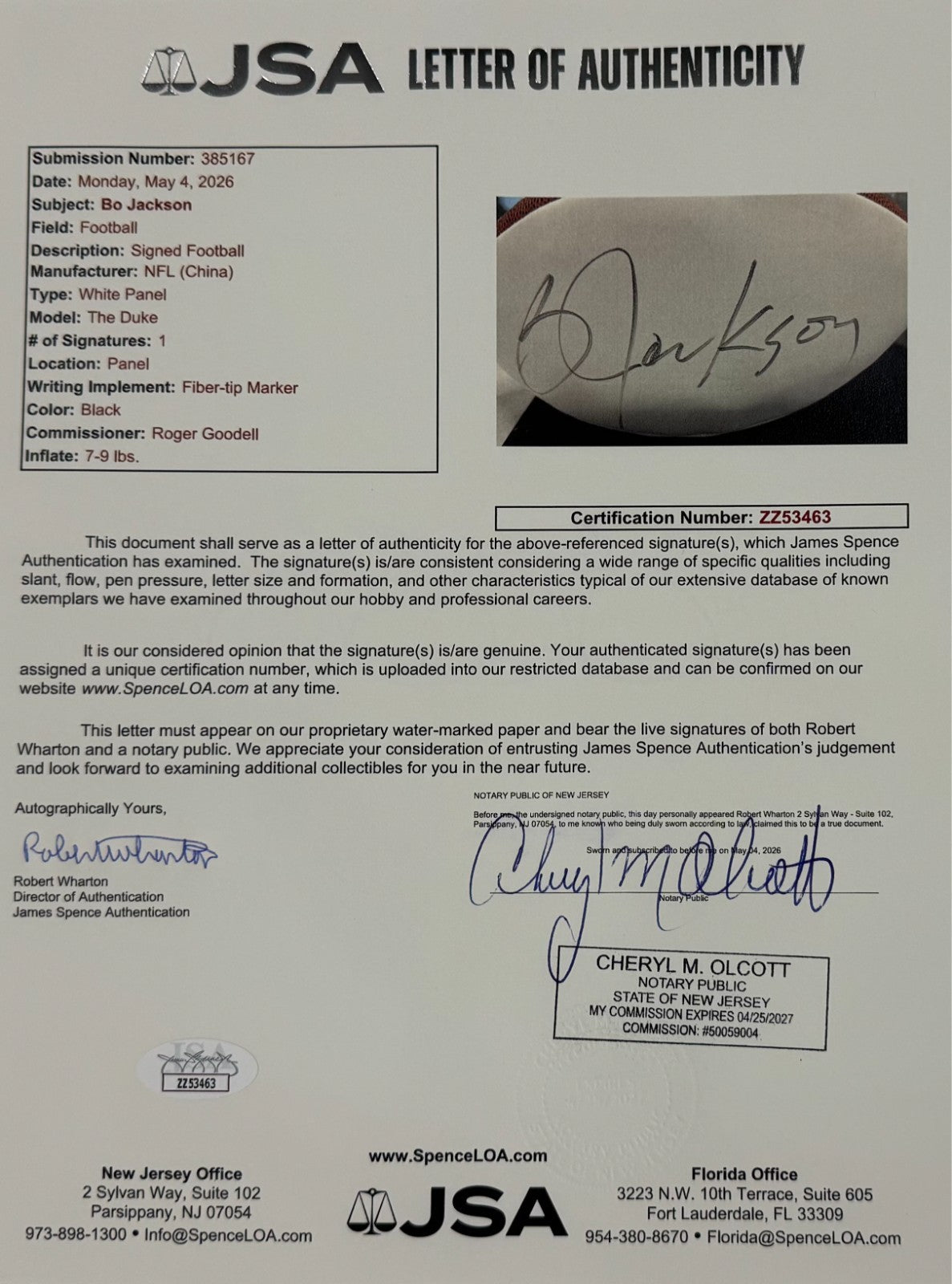 Bo Jackson Signed NFL Football. Auto JSA4