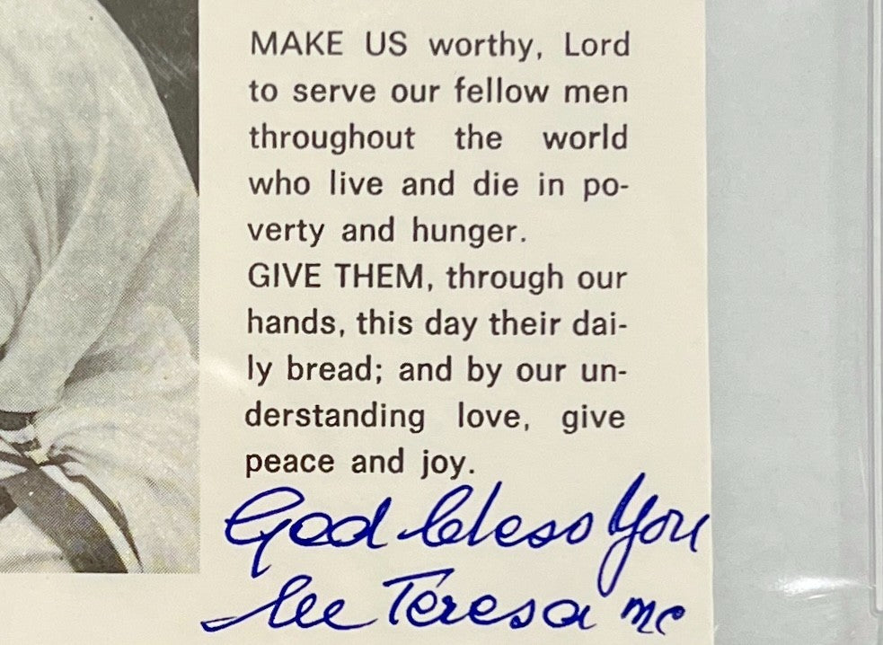 Mother Teresa Signed &amp; Inscribed Prayer Card. Auto PSA Mint 91