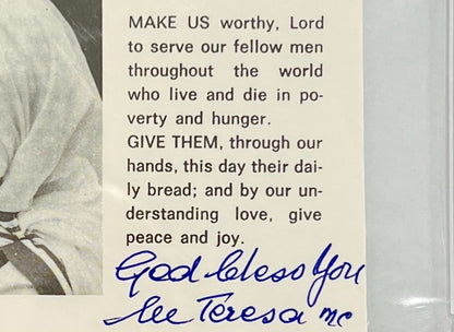 Mother Teresa Signed &amp; Inscribed Prayer Card. Auto PSA Mint 91