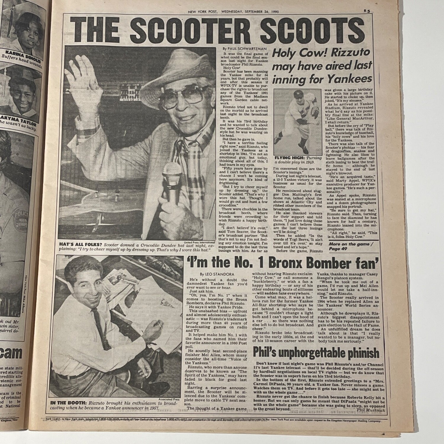 Phil Rizzuto Signed NY Post "Holy Cow" Newspaper. NY Yankees. JSA2