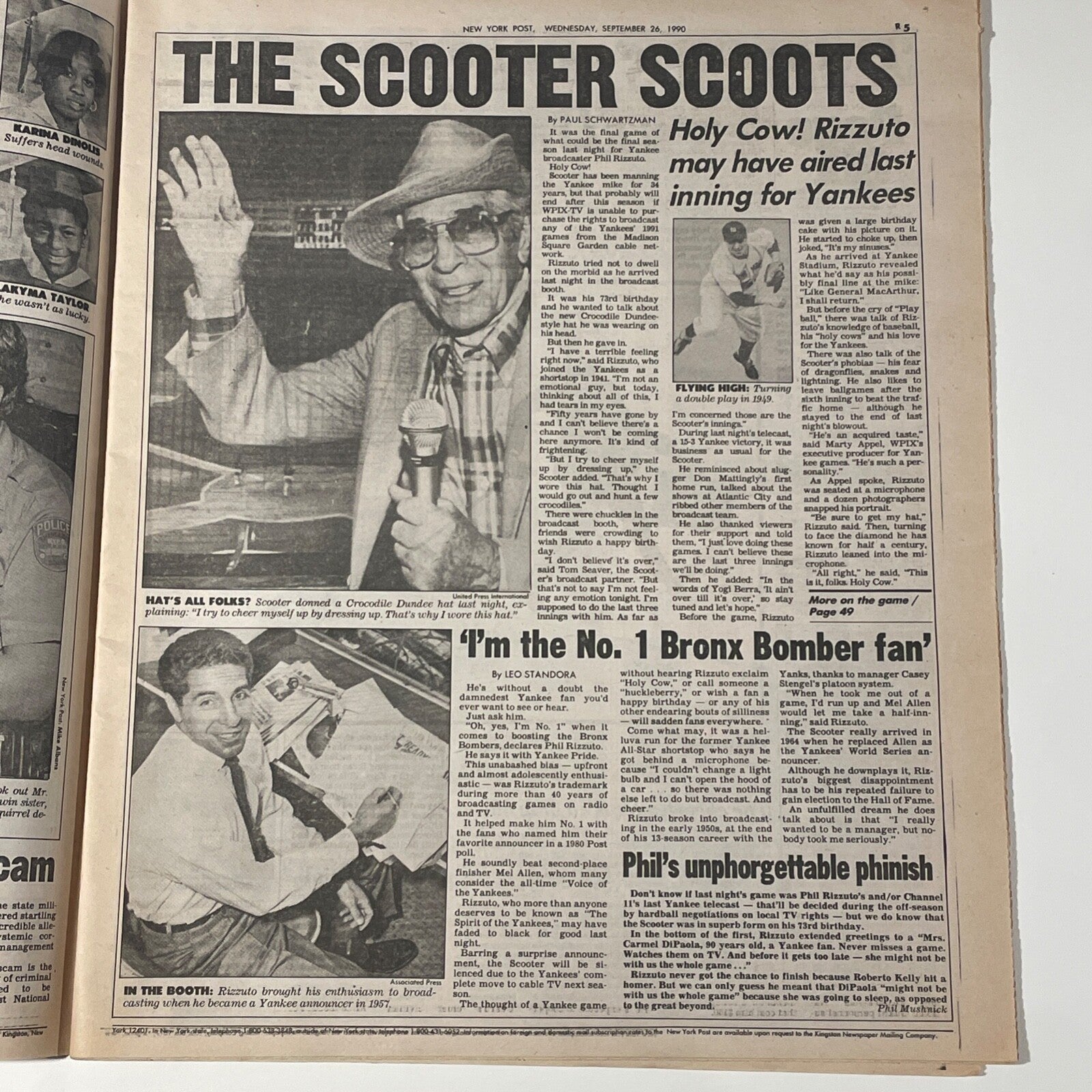 Phil Rizzuto Signed NY Post "Holy Cow" Newspaper. NY Yankees. JSA2