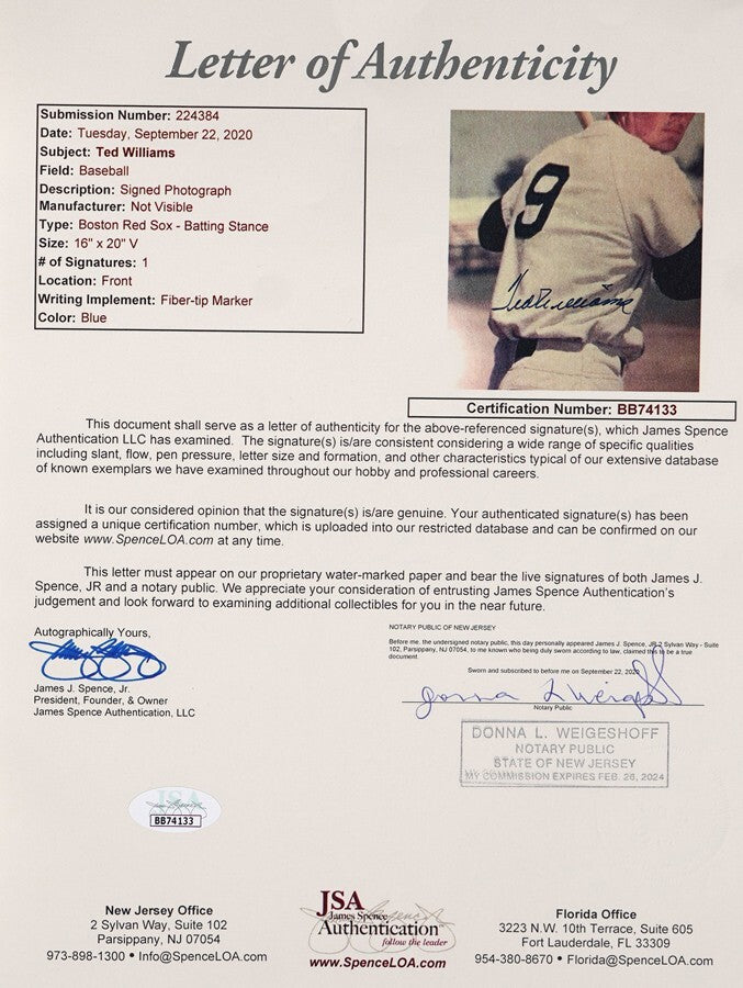 Ted Williams Signed 16x20 Photo, Boston Red Sox. Auto JSA1