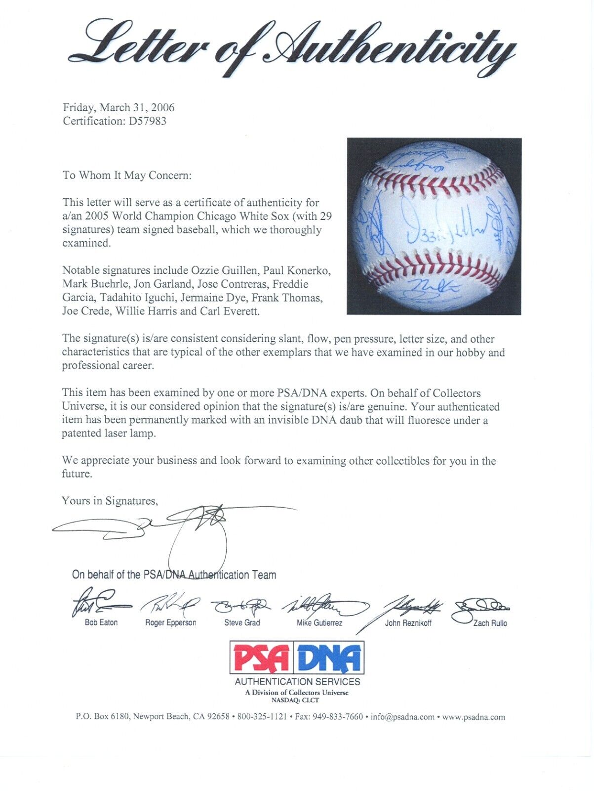 2005 Chicago White Sox Team Signed Baseball. 29 Signatures. PSA/DNA LOA