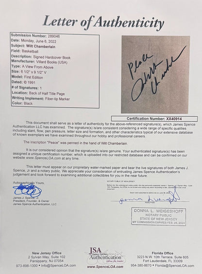 Wilt Chamberlain Signed 100pt Autograph Display. Auto JSA5