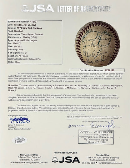 1970 New York Yankees Team Signed Baseball with Rookie Thurman Munson. JSA6