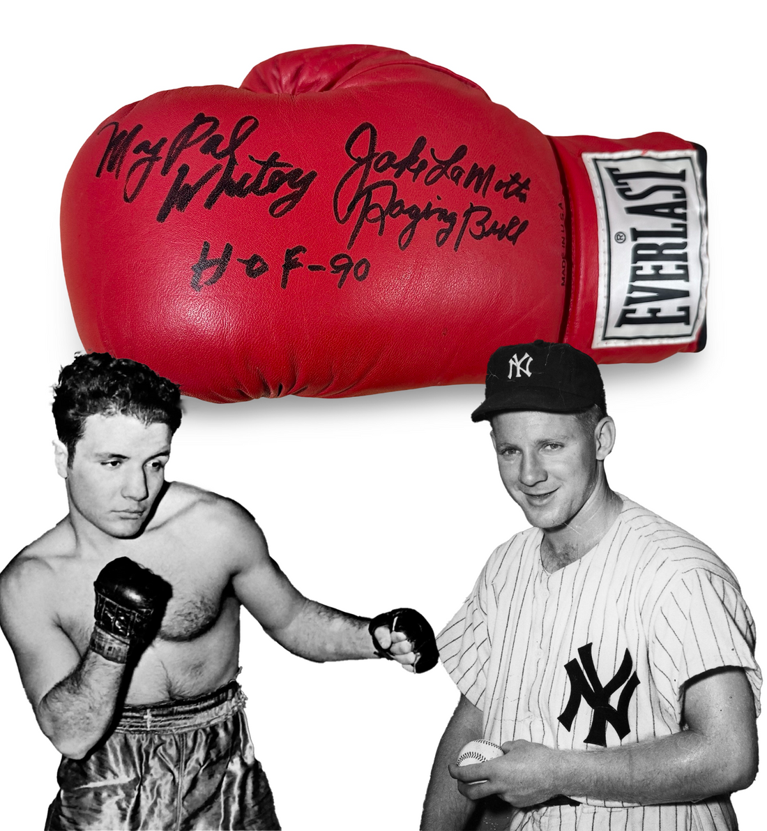 Jake LaMotta Signed &amp; Inscribed Boxing Glove to Whitey Ford, Ford Estate. JSA0
