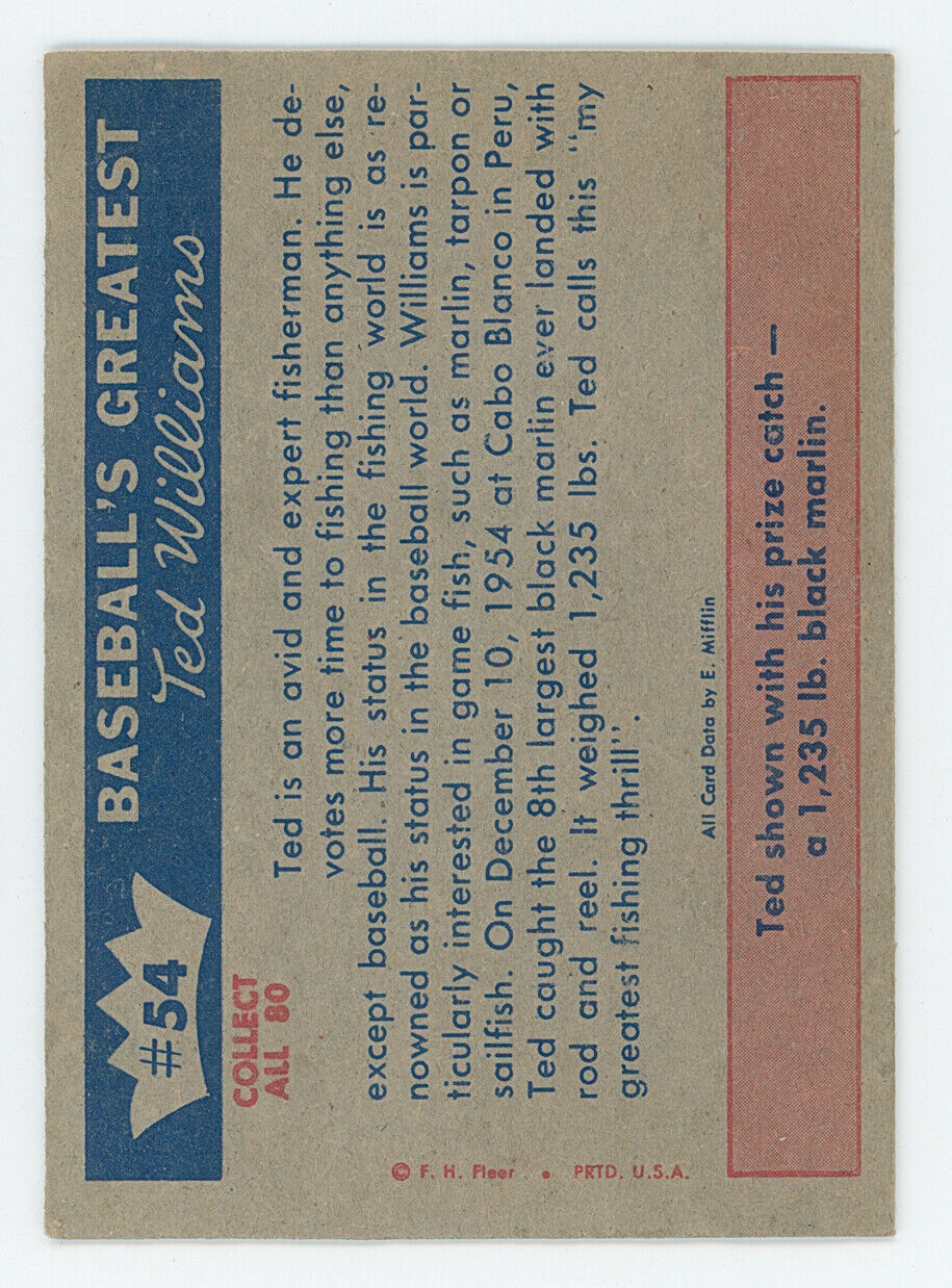 1959 Fleer Ted Williams &quot;Fisherman Ted Hooks a Big One&quot;. HOF Boston Red Sox. 