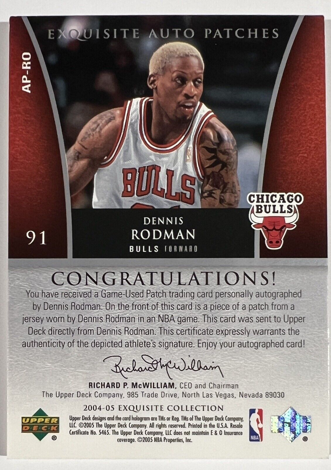 2004-05 Upper Deck UD Exquisite Collection Auto Patches Dennis Rodman /100 AP-RO