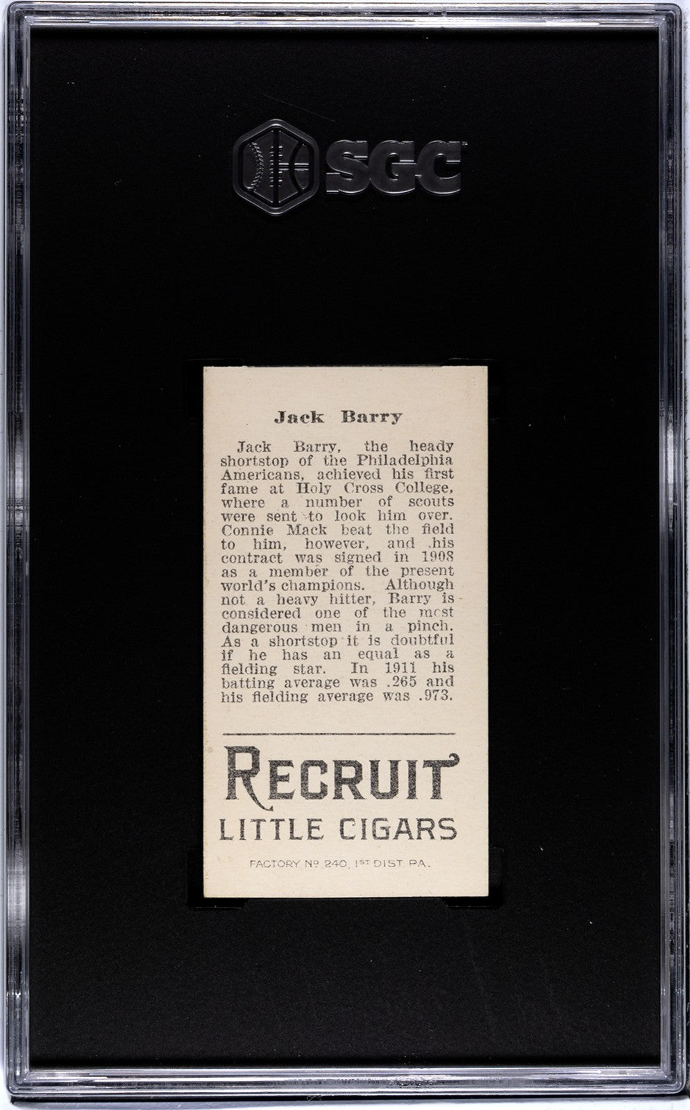 1912 Recruit Little Cigars T207 Jack Barry SGC Authentic1