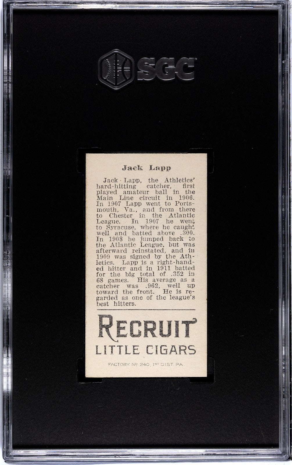 1912 Recruit Little Cigars T207 Jack Lapp SGC Authentic1