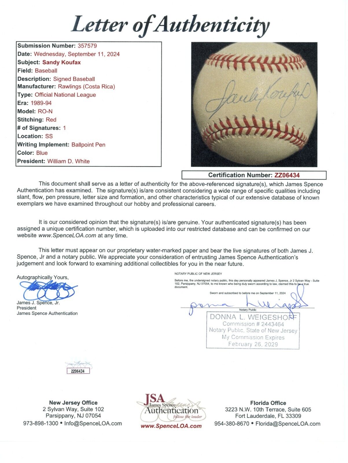 Sandy Koufax Signed Baseball. Hall of Famer. JSA LOA