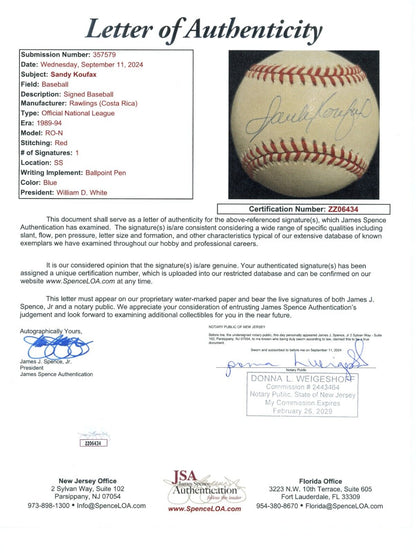 Sandy Koufax Signed Baseball. Hall of Famer. JSA LOA