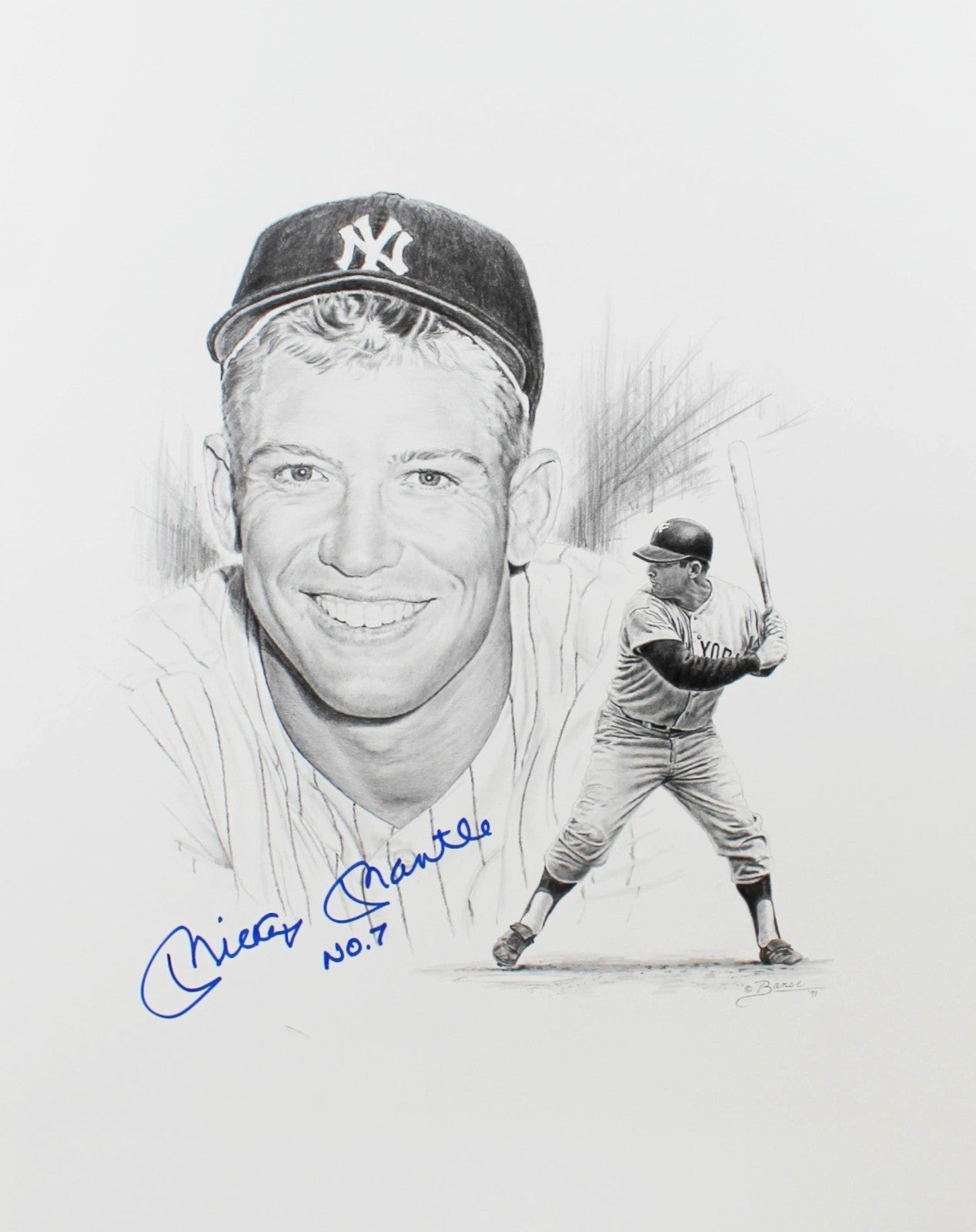 Mickey Mantle Signed &amp; Inscribed Original Art, Banse Drawing. Auto JSA1