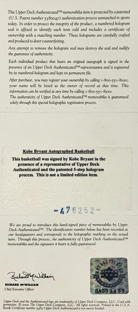 Rare Kobe Bryant Signed Official NBA Game Basketball. Auto Upper Deck UDA