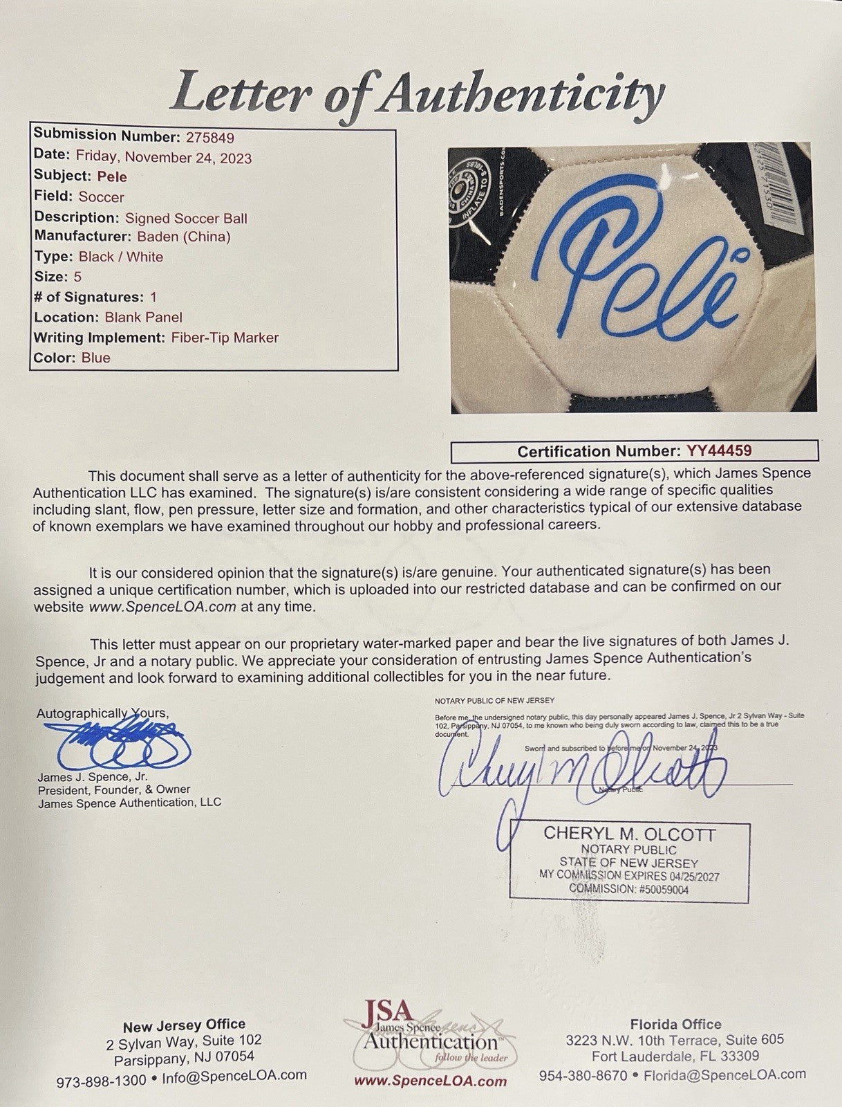 Pele Signed Soccer Ball. Greatest Player Ever. Autographed, JSA3