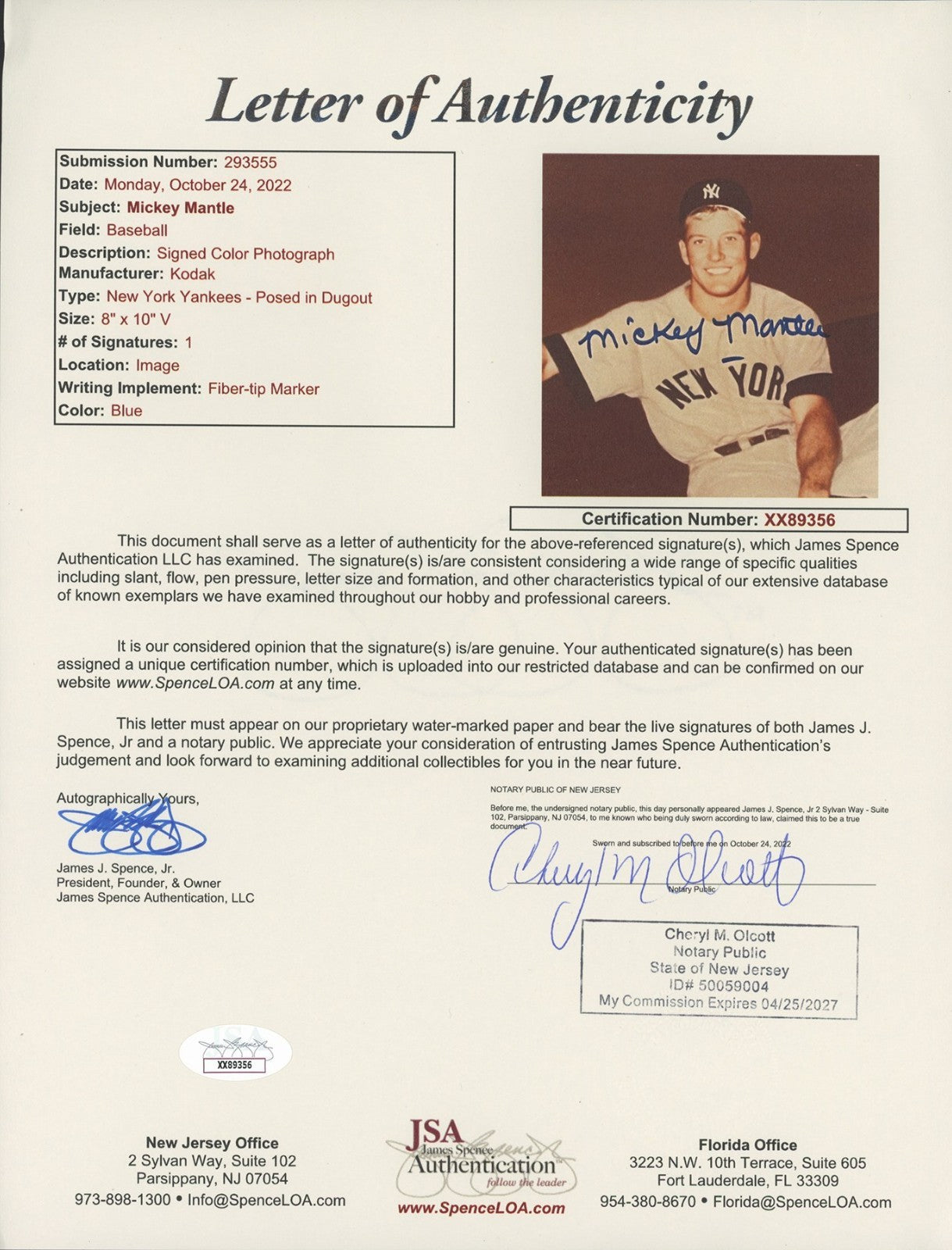 Mickey Mantle Signed &amp; Framed Rookie Era Photograph. JSA2