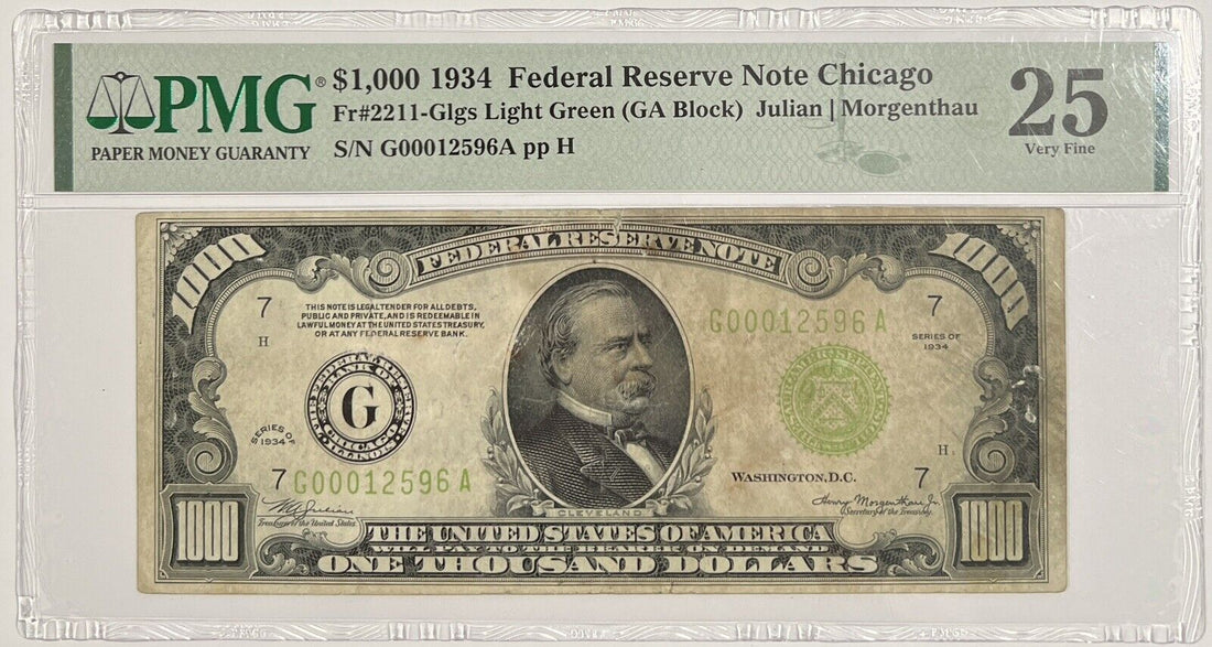 1934 $1,000 Federal Reserve Note. PMG VF25, Very Fine 25