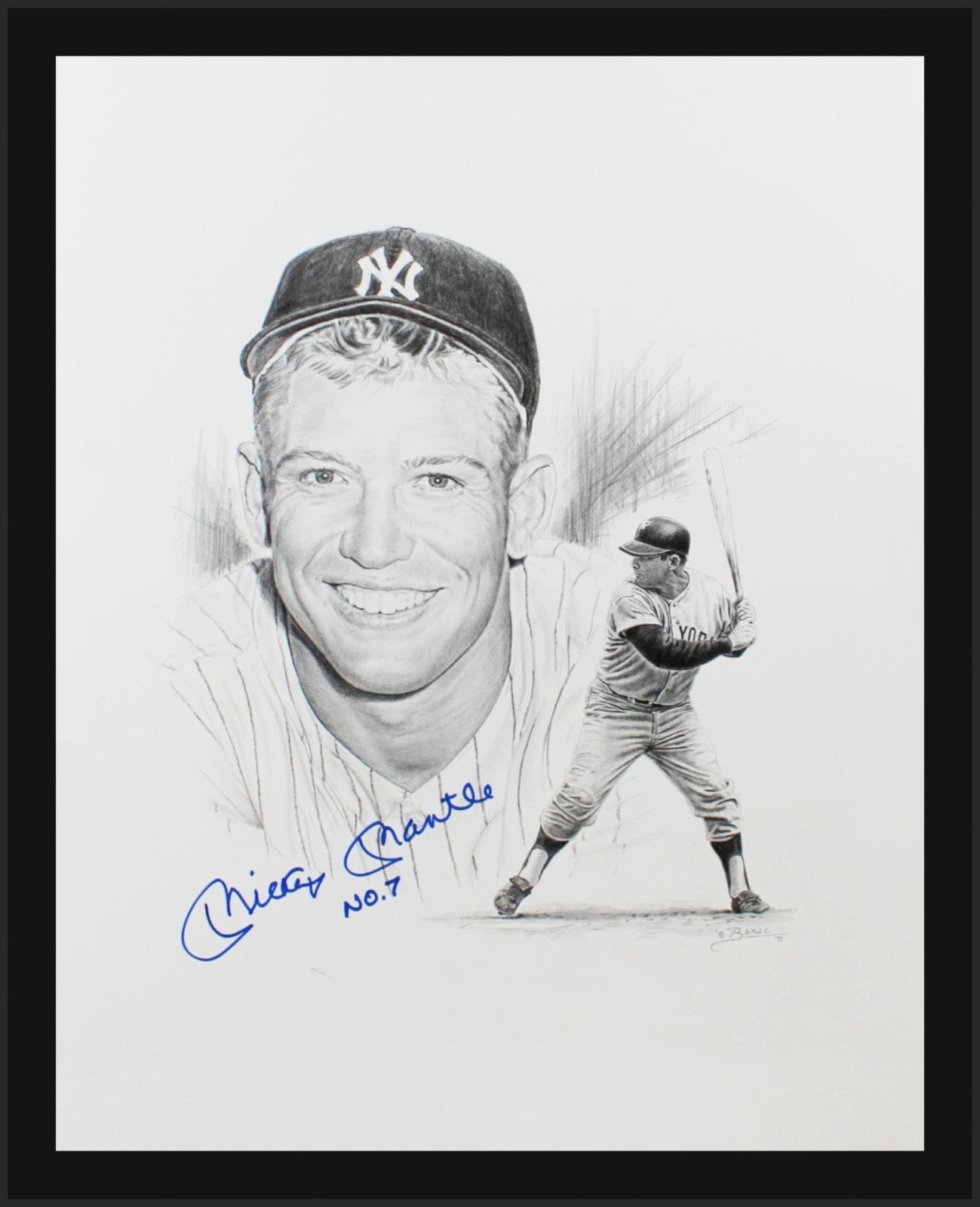 Mickey Mantle Signed &amp; Inscribed Original Art, Banse Drawing. Auto JSA0