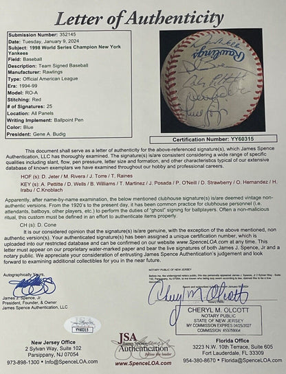 1998 Yankees World Championship Team Signed Baseball. 25 Sigs. Full JSA LOA.