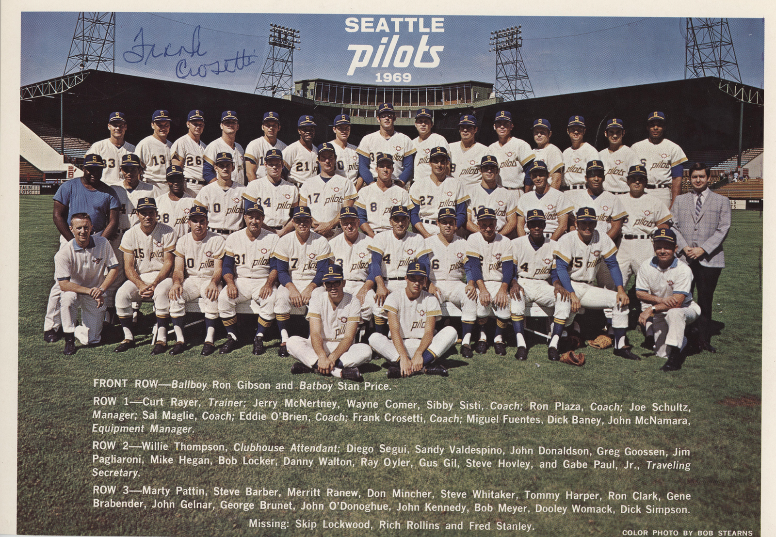 Frank Crosetti Signed 1969 Seattle Pilots Team Photo. PSA – BC Vintage