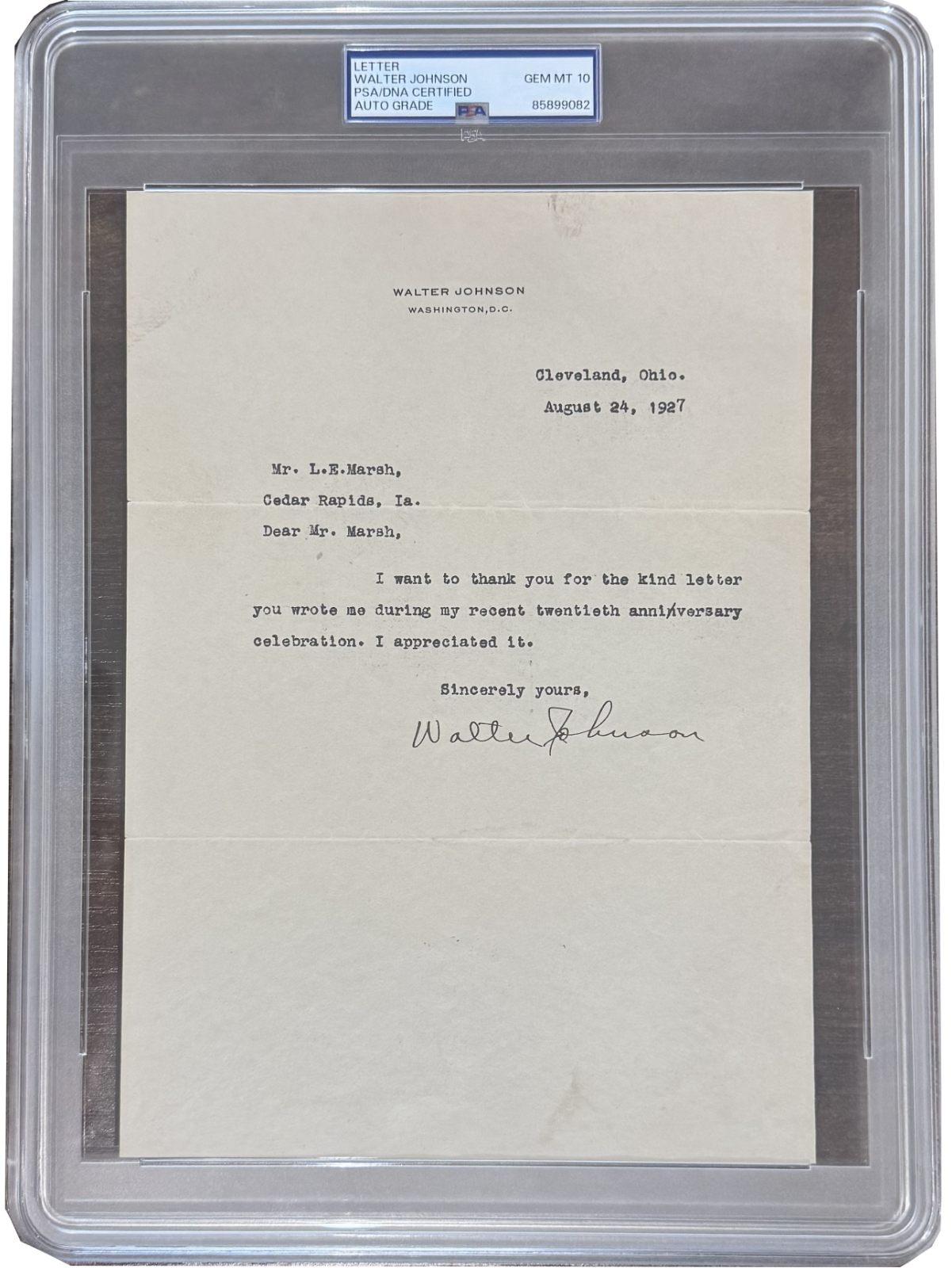 Walter Johnson Signed Letter and Fingerprints, 1927. Gem Mint, PSA 101