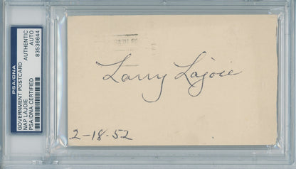 Nap Larry Lajoie Signed 1952 Government Postcard GPC. Auto PSA1