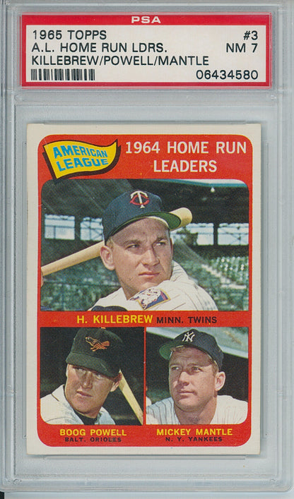 1965 Topps A.L. Home Run Leaders, Mickey Mantle, Killebrew, Powell. PSA 7