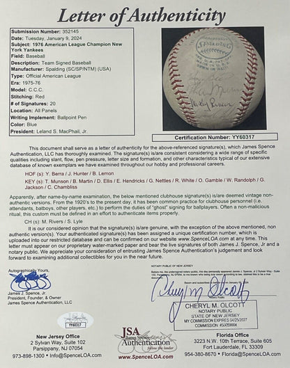 1976 NY Yankees Team Signed Baseball. A.L. Champs! Full JSA LOA.