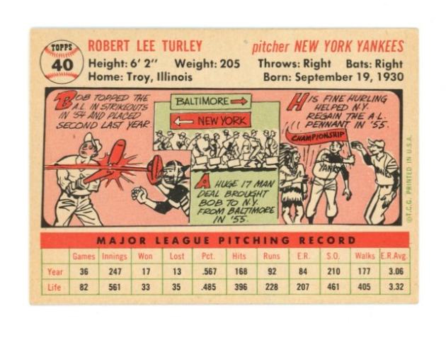 1956 Topps Bob Turley White Back1