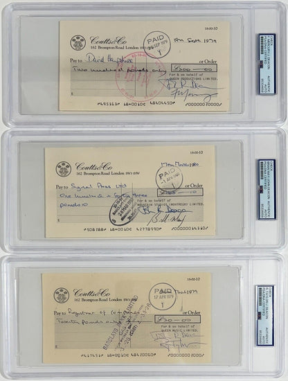 Rare Freddie Mercury &amp; Queen Signed Checks, Lot of 3. Auto PSA