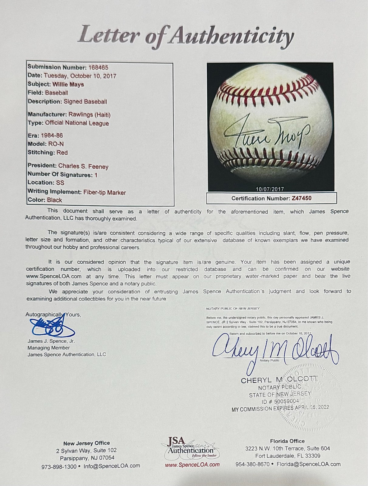 Willie Mays Signed Baseball. JSA3