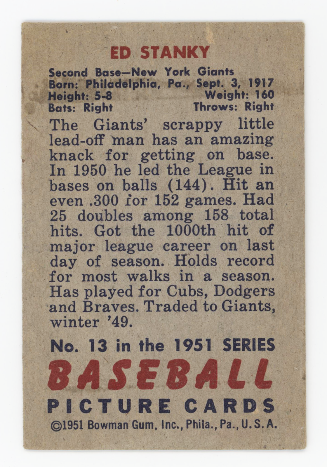 Eddie Stanky 1951 Bowman Trading Card. New York Giants1