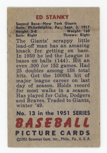 Eddie Stanky 1951 Bowman Trading Card. New York Giants1