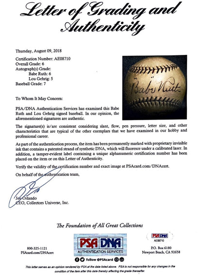 Babe Ruth &amp; Lou Gehrig Dual Signed Official American League Baseball. PSA JSA7