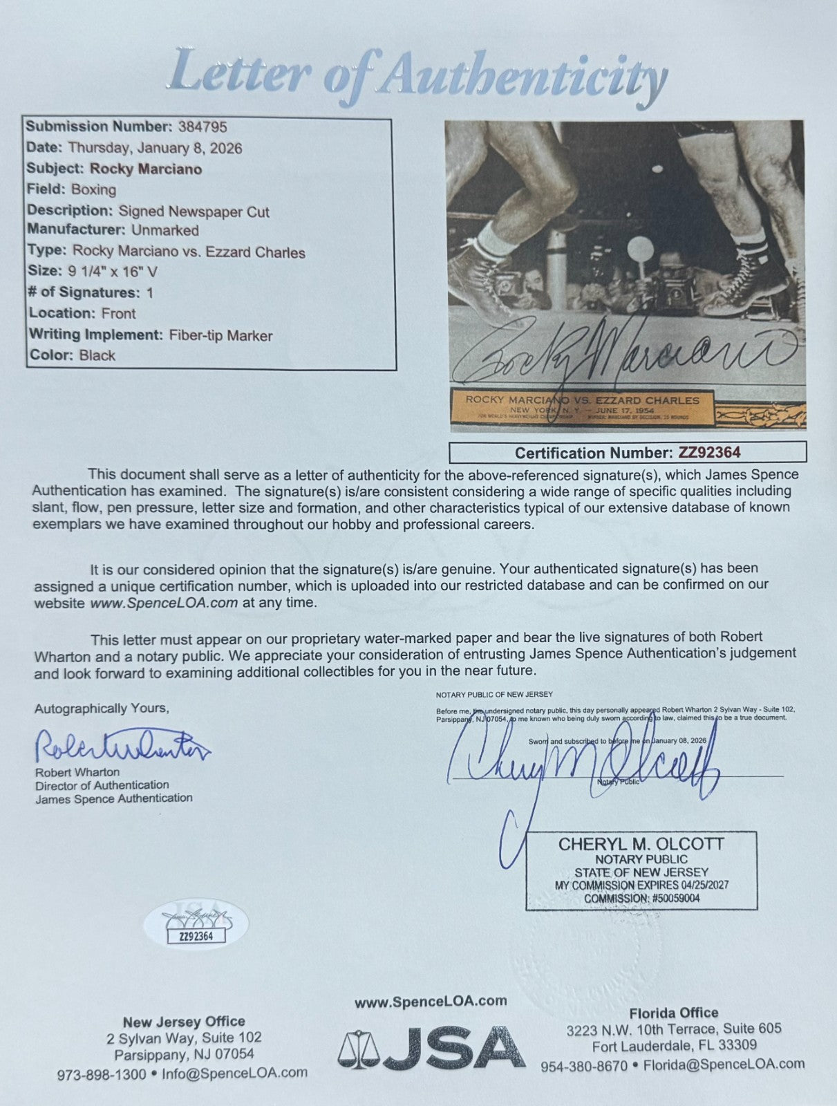 Rocky Marciano Signed Poster. Fight against Ezzard Charles 6/17/54. JSA3