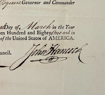 John Hancock Signed Appointment, Massachusetts, 1781. PSA JSA2