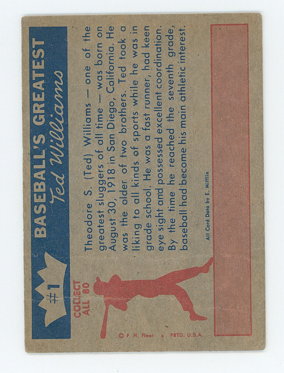1959 Fleer Ted Williams &quot;The Early Years&quot;. HOF Boston Red Sox. 