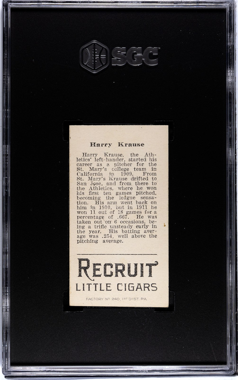 1912 Recruit Little Cigars T207 Harry Krause SGC Authentic1