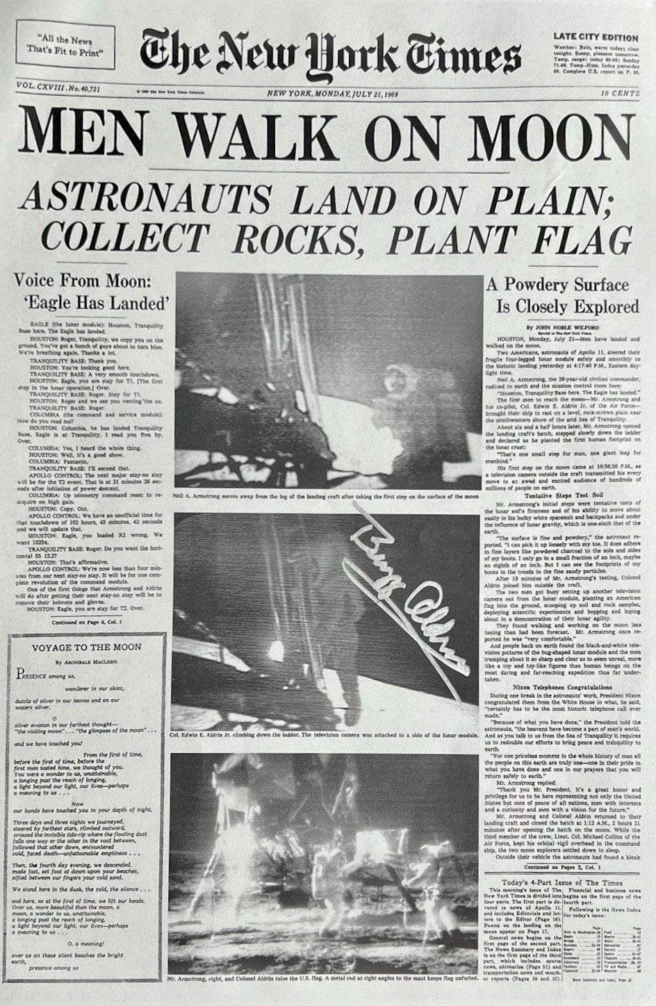 Buzz Aldrin Signed New York Times Cover, July 21 1969. Limited Edition /300. PSA2