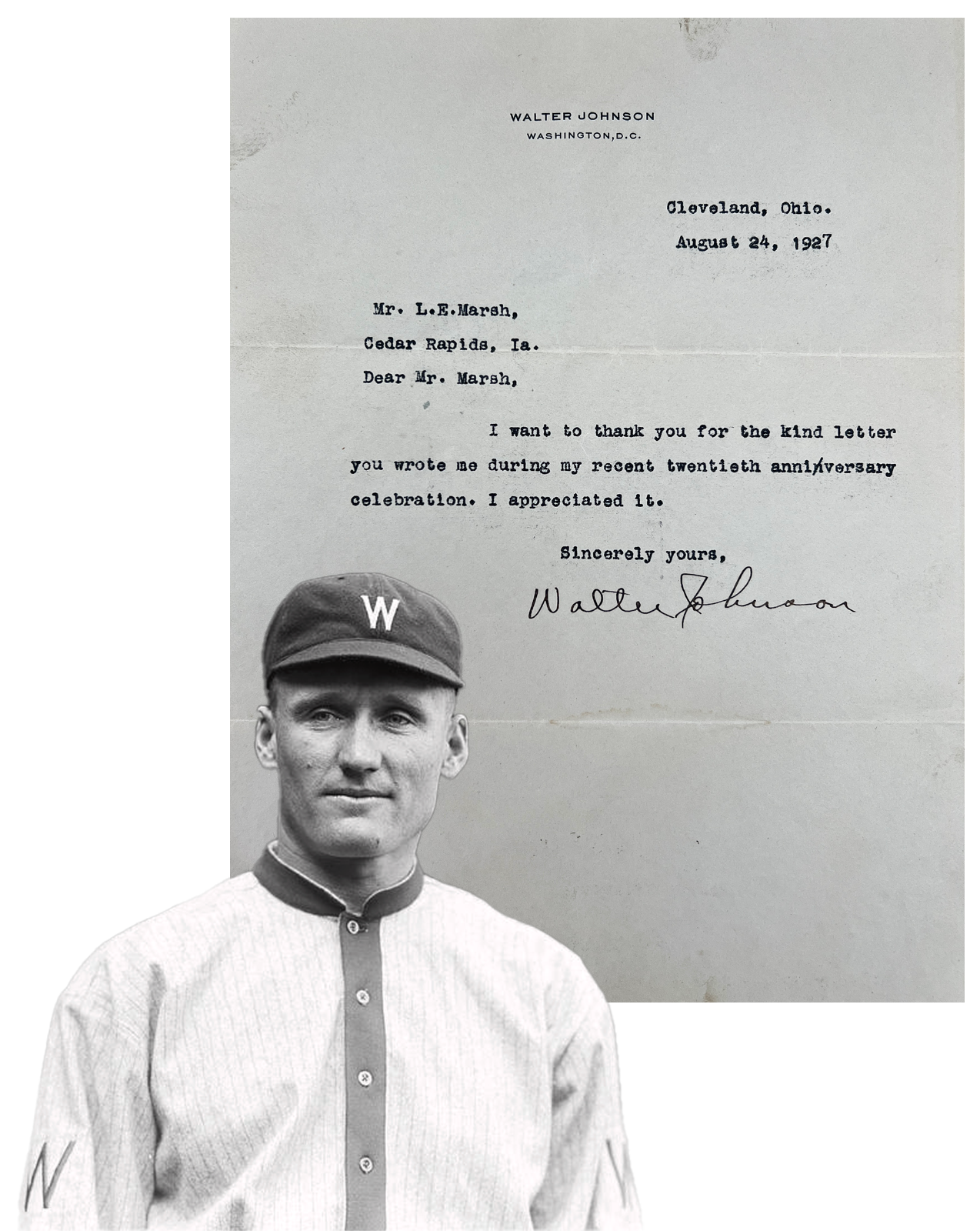 Walter Johnson Signed Letter and Fingerprints. 1947. Gem Mint, PSA 100