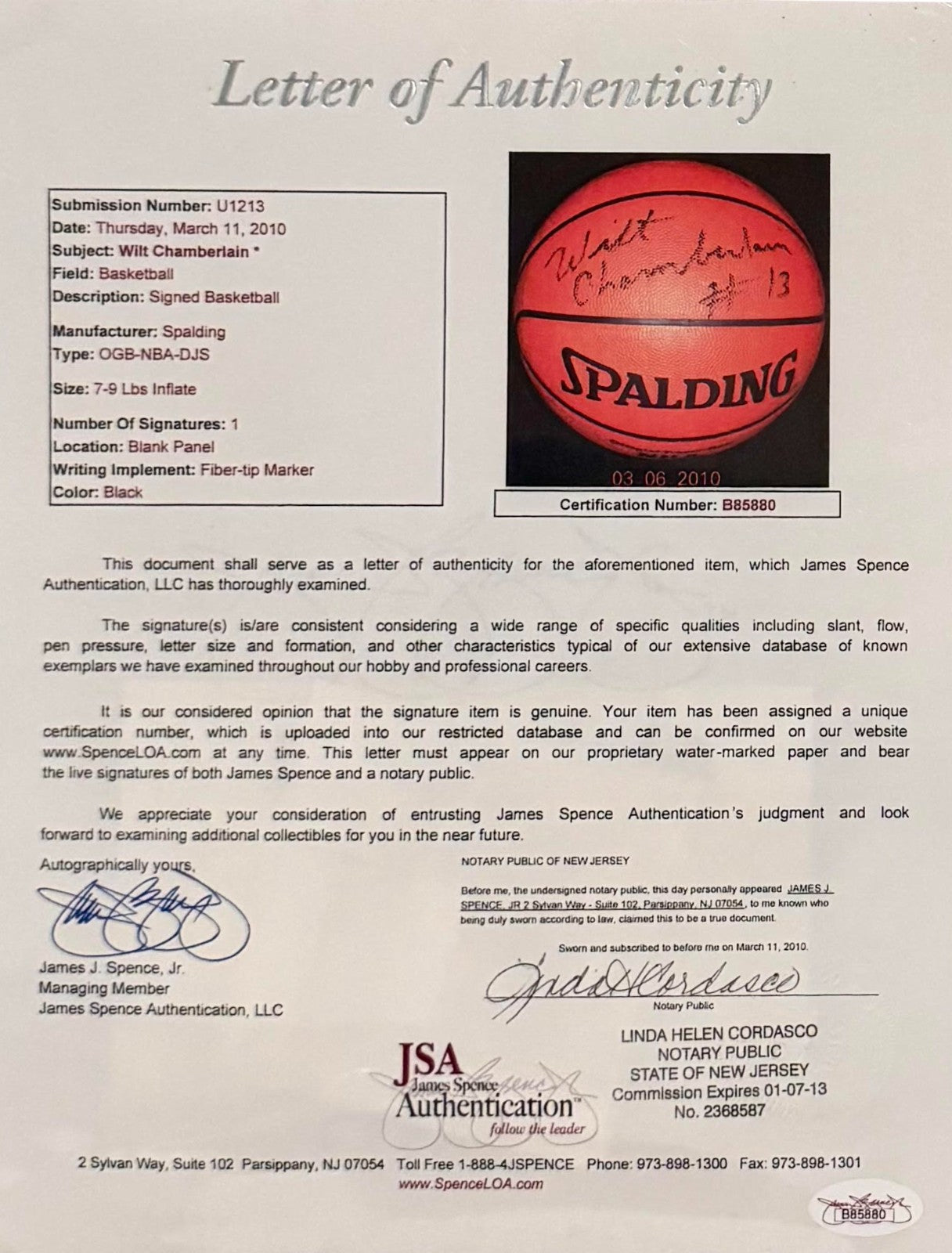 Wilt Chamberlain Signed &amp; Inscribed Basketball. Auto JSA3