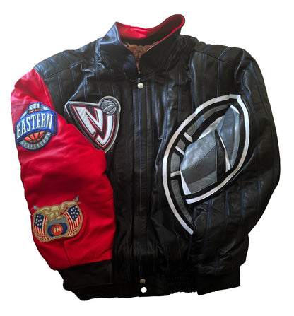2000s Jeff Hamilton New Jersey Nets NBA Leather Jacket Embroidered Logos0