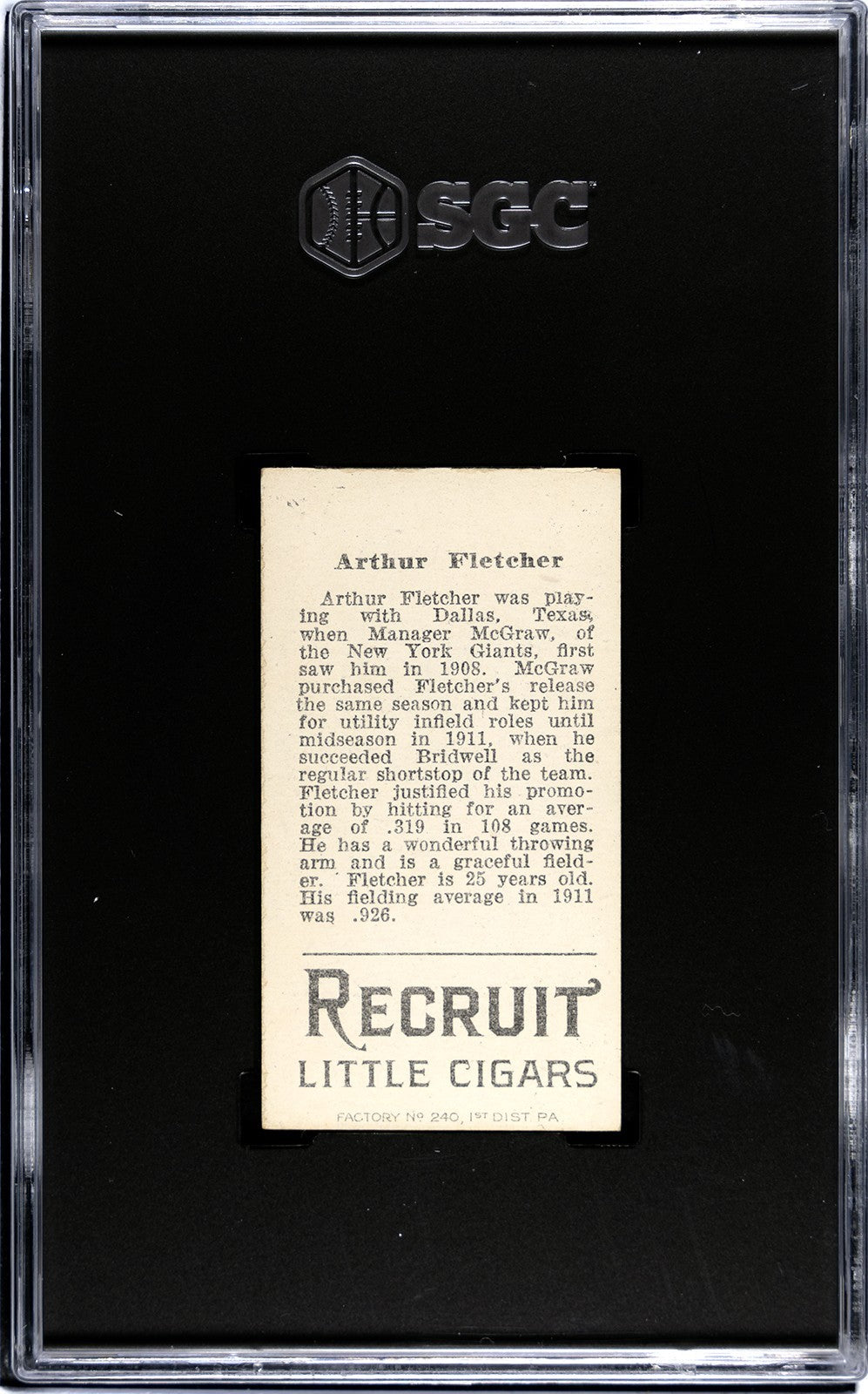 1912 Recruit Little Cigars T207 Arthur Fletcher SGC 51