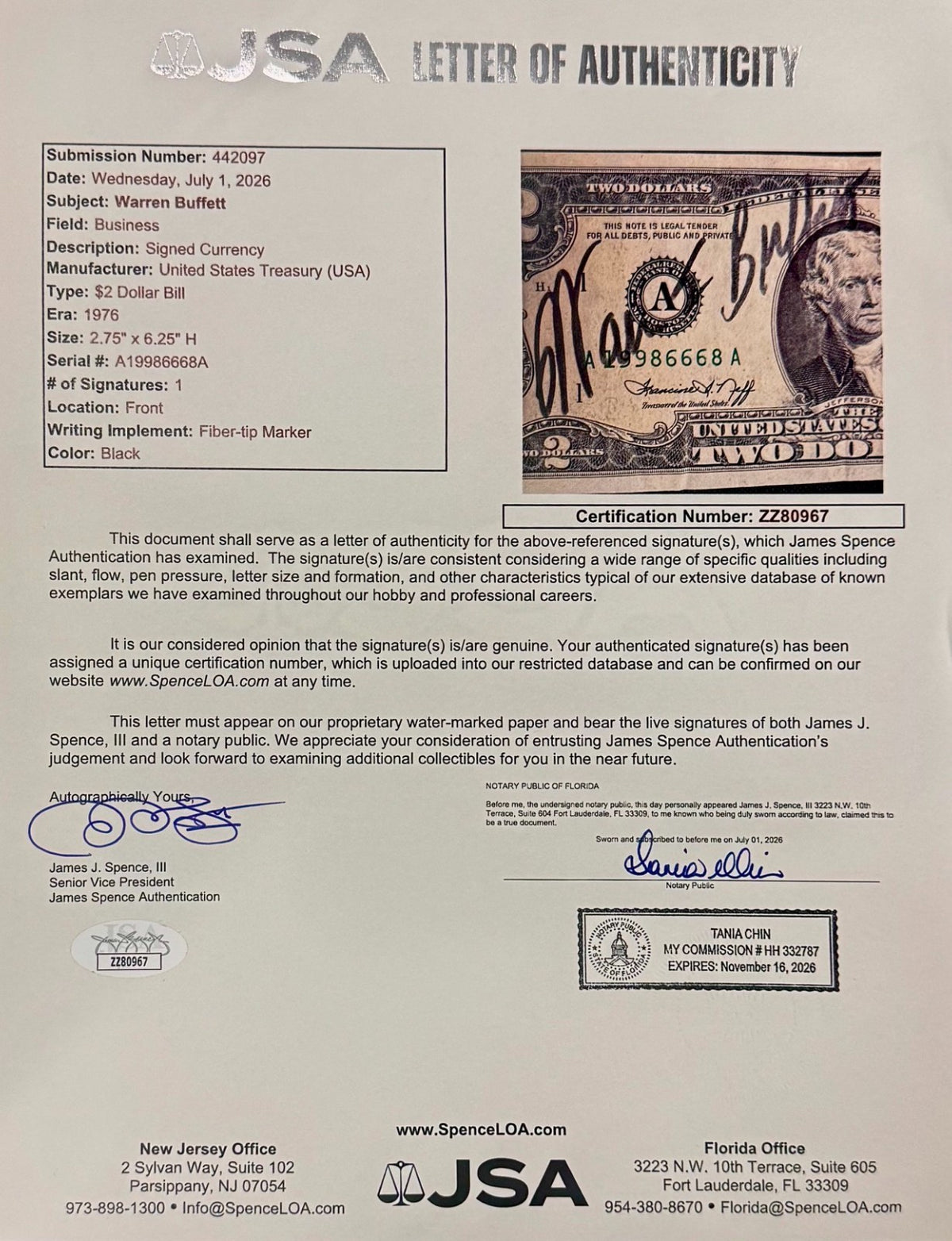 Warren Buffett Signed $2 Bill – The Oracle of Omaha!. JSA3