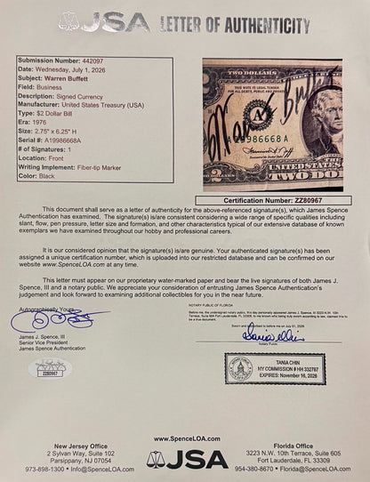 Warren Buffett Signed $2 Bill – The Oracle of Omaha!. JSA3